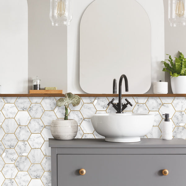 Cararra Marble Hexagon Peel & Stick Backsplash Tiles